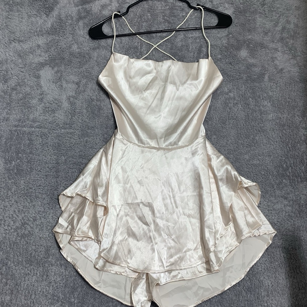 Unbranded Satin‎ Romper Women S Champagne Cowl Neck Lace Up Back Tiered Ruffle